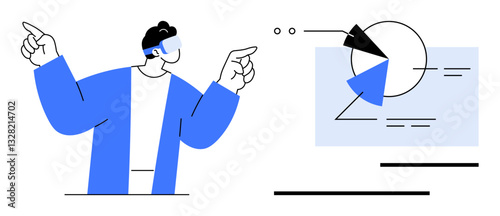 Man in VR headset engaging with pie chart and data projections. Ideal for technology, innovation, analysis, education, future, business, and creativity concepts. Flat simple metaphor