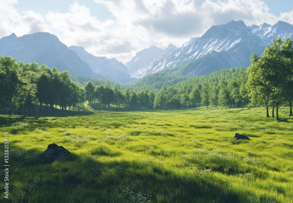 Obraz premium Lush Green Meadow Surrounded by Majestic Mountains and Clear Blue Sky with Wispy Clouds in a Tranquil Natural Landscape Scene