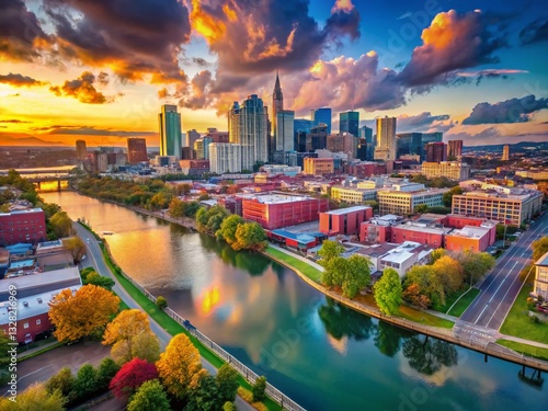 Obraz na płótnie Nashville Aerial Hyperlapse: East Bank Industrial to Arts District Riverfront w salonie