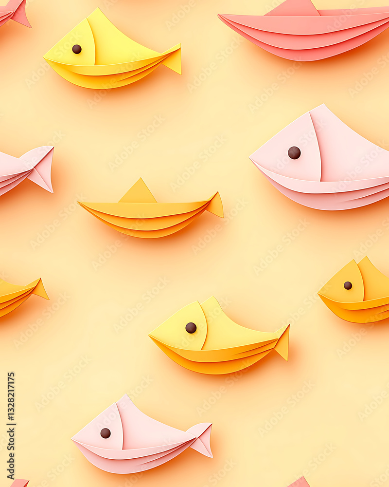 Naklejka premium Colorful paper fish and boats create playful pattern on soft background