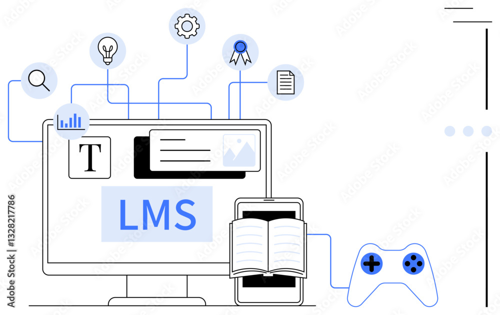 Obraz premium Desktop, mobile, book, and game controller linked by icons representing learning, analytics, and certification. Ideal for education, e-learning, gaming analytics certification learning tools