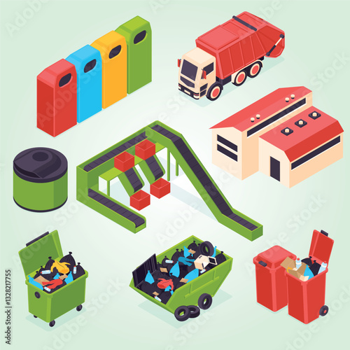 Isometric colored garbage recycling icon set with different types and sizes containers garbage truck sorting urns recycling plant vector illustration