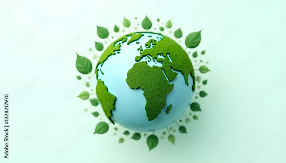 a green planet Earth surrounded by leaves, symbolizing environmental protection and eco-friendliness. The planet has a green continent and a blue ocean, with green leaves arranged around it