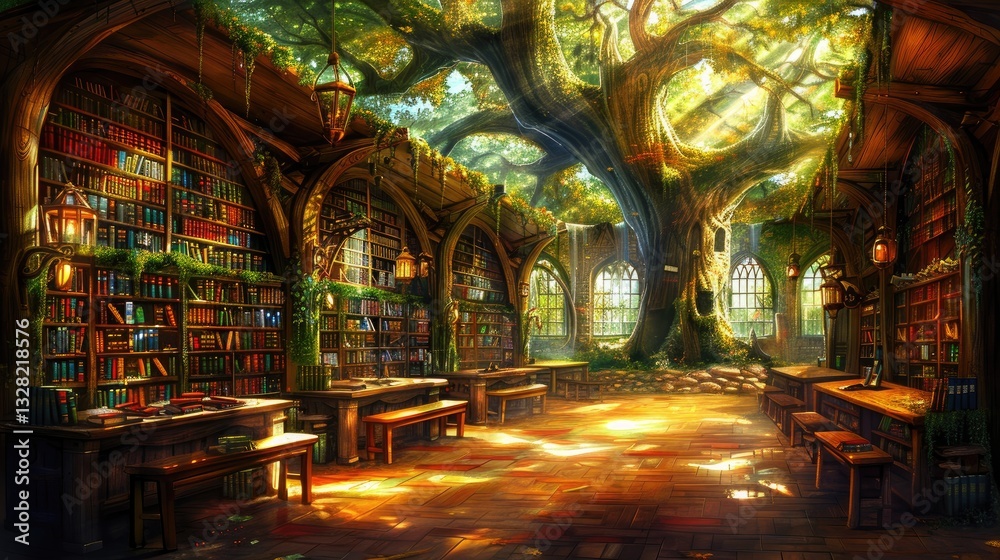 Fototapeta premium Sunlit, ancient library's mystical interior