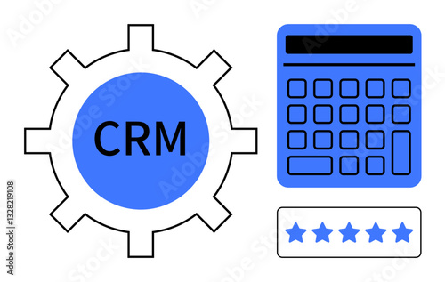CRM gear beside a calculator and a five-star rating indicating business optimization, data analysis, and customer feedback management. Ideal for business, analytics, customer experience, efficiency