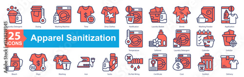 Apparel Sanitization Icon Sheet Laundry Detergent, Drying, Washing Machine, Time, Dirty Clothes, Notification, Laundry Basket, Shrink, Washing Powder, Application, Temperature, Delivery