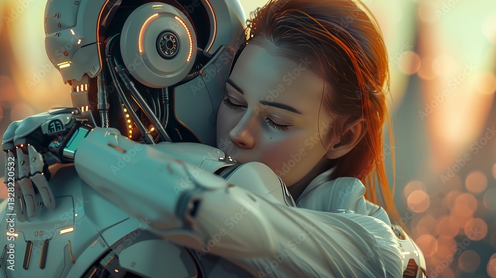 A female of Caucasian descent embraces a humanoid robot in a futuristic setting, capturing a moment of connection and emotion. A female of Caucasian descent embraces a humanoid robot in a futuristic setting, capturing a moment of connection and emotion.
