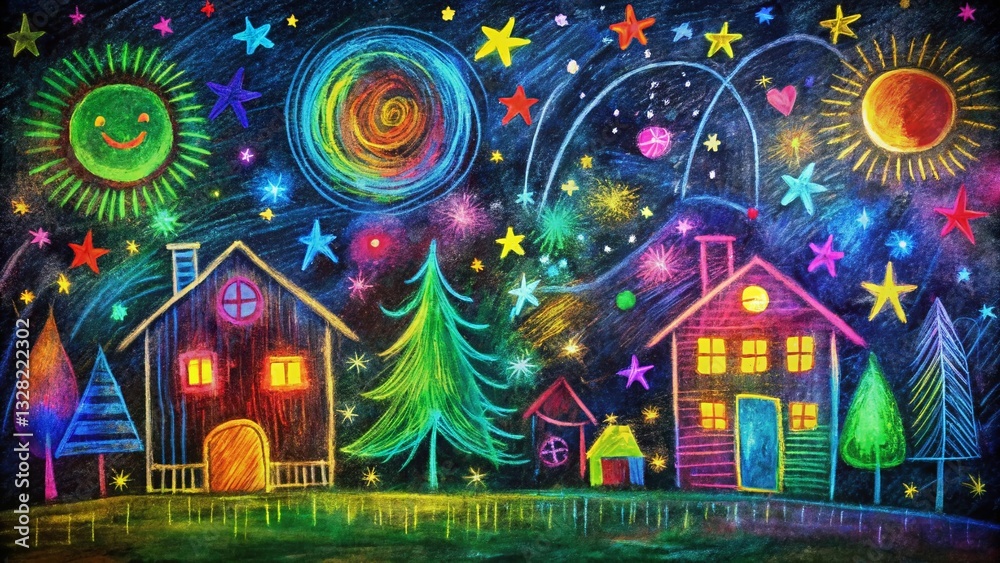 Obraz premium Night Grunge Art: Colorful Doodle Figures & Geometric Shapes