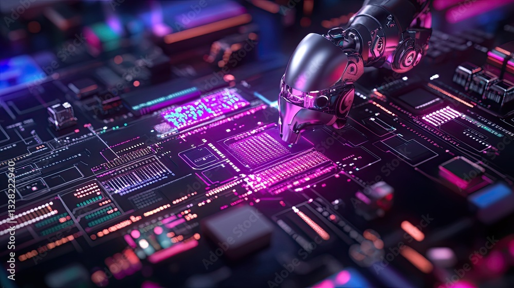 Fototapeta premium Robotic Arm Interacting with Colorful Circuit Board Design