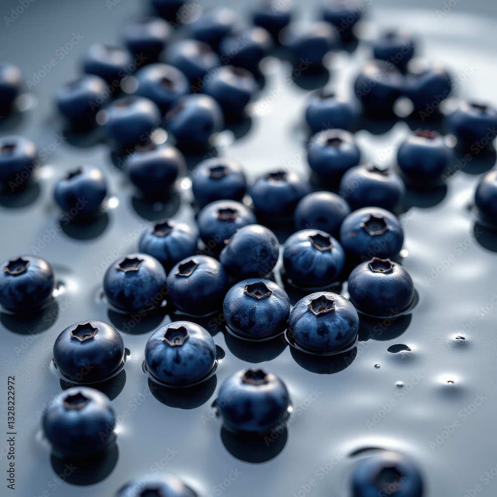 Fresh Blueberries with Green Mint Leaves on Glossy Surface Fresh Blueberries with Green Mint Leaves on Glossy Surface