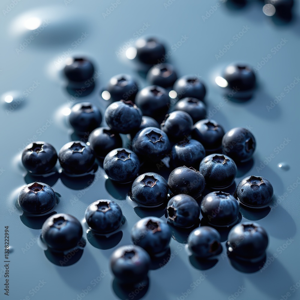 Fresh Blueberries with Green Mint Leaves on Glossy Surface Fresh Blueberries with Green Mint Leaves on Glossy Surface