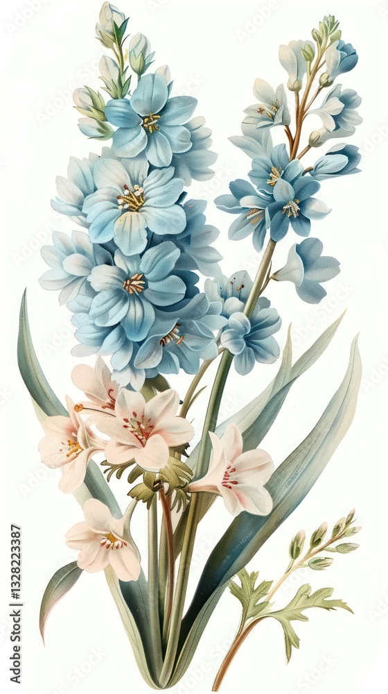 Obraz premium Vintage illustration of blue flowers art botanical painting.