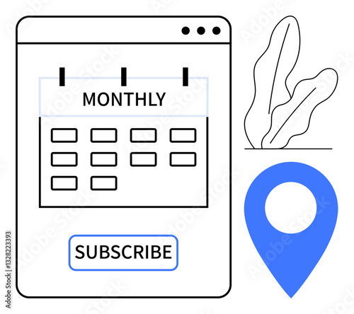 Monthly calendar interface with subscribe button, location icon, and abstract plant design. Ideal for subscription services, scheduling, planning, business tools, reminders apps membership. Flat