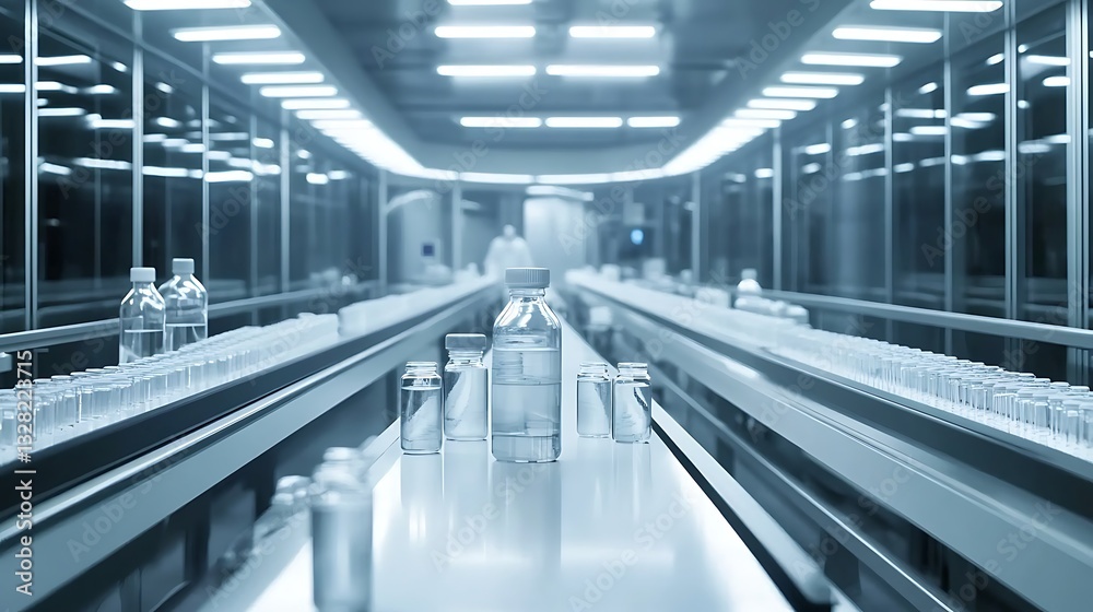 Fototapeta premium Bottles Moving on Conveyor Belt in Sterile Pharmaceutical Manufacturing Facility