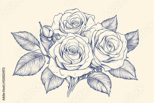 Elegant roses bouquet, detailed sketch, light background, design element