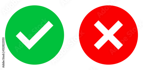 Green check mark and red cross symbol representing correct and incorrect choices, approval and rejection, success and failure. Isolated on white background. Icons, vector.