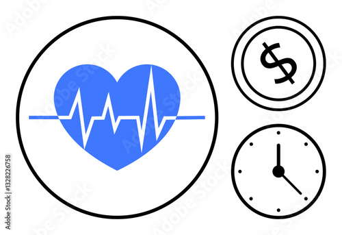 Blue heart with heartbeat line inside, clock face, and dollar sign symbolize health, time, and financial management. Ideal for healthcare, wellness, finance, productivity insurance time management
