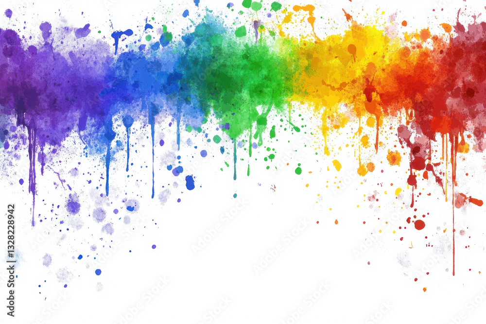 Fototapeta premium Vibrant splashes of colorful paint create a dynamic rainbow gradient on a white background, showcasing creativity and artistic expression.