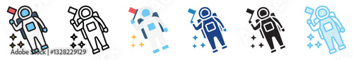 Astronaut multi style, mini illustration icon set. outline, flat, glyph, line color, UI, UX, app and web, digital or print. vector EPS 10 related to education, technology, space and galaxy.