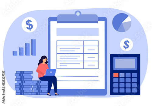 Personal or family budget planning financial vector illustration with dollars, coins, woman, calculator, document and graph. Tax report, audit or investment analysis. Budget planning.