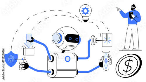 Robot with multiple arms performing tasks thumbs up data management, scientific research, security, and analysis. Ideal for technology, automation, AI, innovation, productivity research business