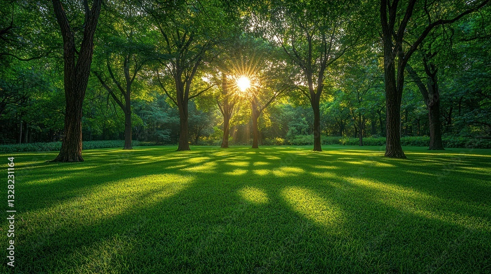 Sunbeams through lush green trees in a park. Sunbeams through lush green trees in a park.