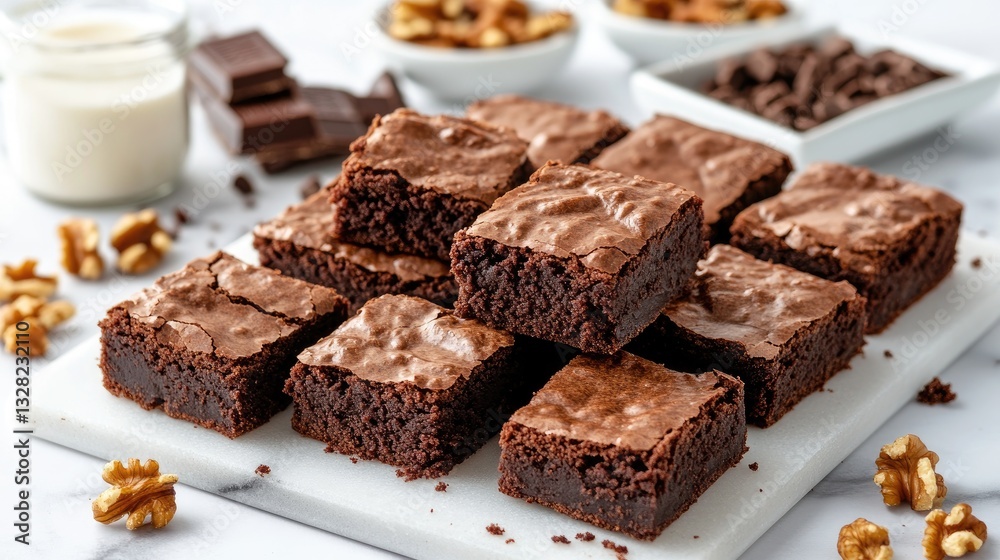 Deliciously Fudgy Brownies with Nuts and Chocolate Pieces on Table Deliciously Fudgy Brownies with Nuts and Chocolate Pieces on Table