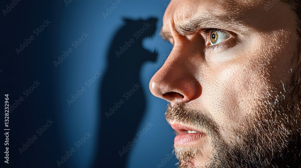 Obraz premium Man Contemplates Shadow of Wolf on Wall in Dark Room