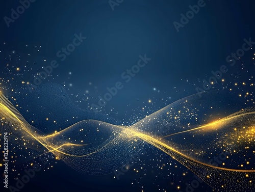 Navy Background with Gold Wave and Flowing Stars, Dark Blue Starry Wave Background, Gold Particle Wave on Navy Background, Sparkling Star Wave Background, Gold Flowing Stars and Wave Wallpaper
