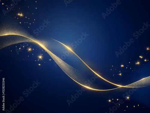 Navy Background with Gold Wave and Flowing Stars, Dark Blue Starry Wave Background, Gold Particle Wave on Navy Background, Sparkling Star Wave Background, Gold Flowing Stars and Wave Wallpaper