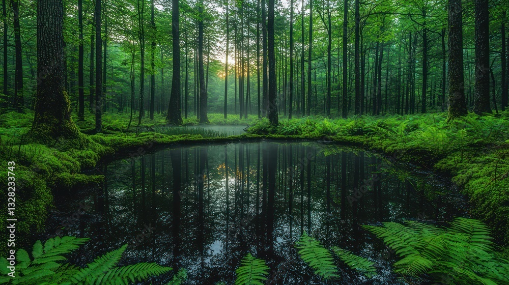 Obraz premium Sunlit forest pond with lush greenery and mist.