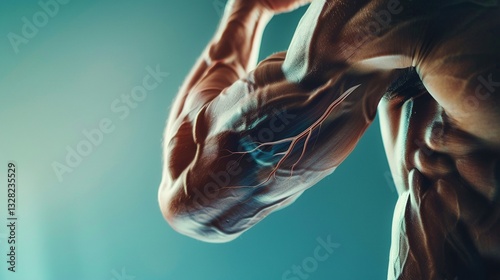 Muscular arm flexing with detailed veins and tendons visible, symbolizing strength and physiology, close-up view emphasizing muscle structure and human anatomy.