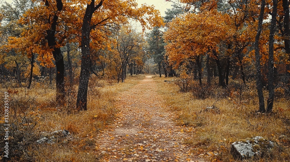 Fototapeta premium Autumnal path through golden forest.