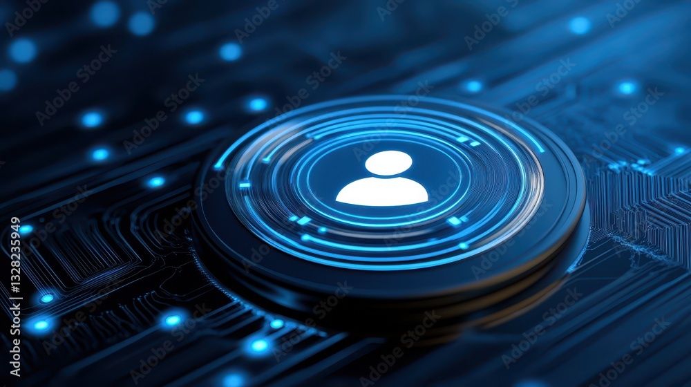 Closeup of illuminated blue button on a complex circuit board, glimpse into modern electronics