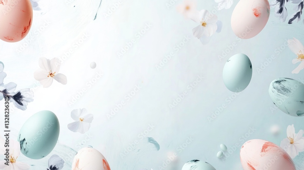 Fototapeta premium minimal abstract easter-themed wallpaper featuring pastel-colored eggs and floral motifs artistic brush strokes and