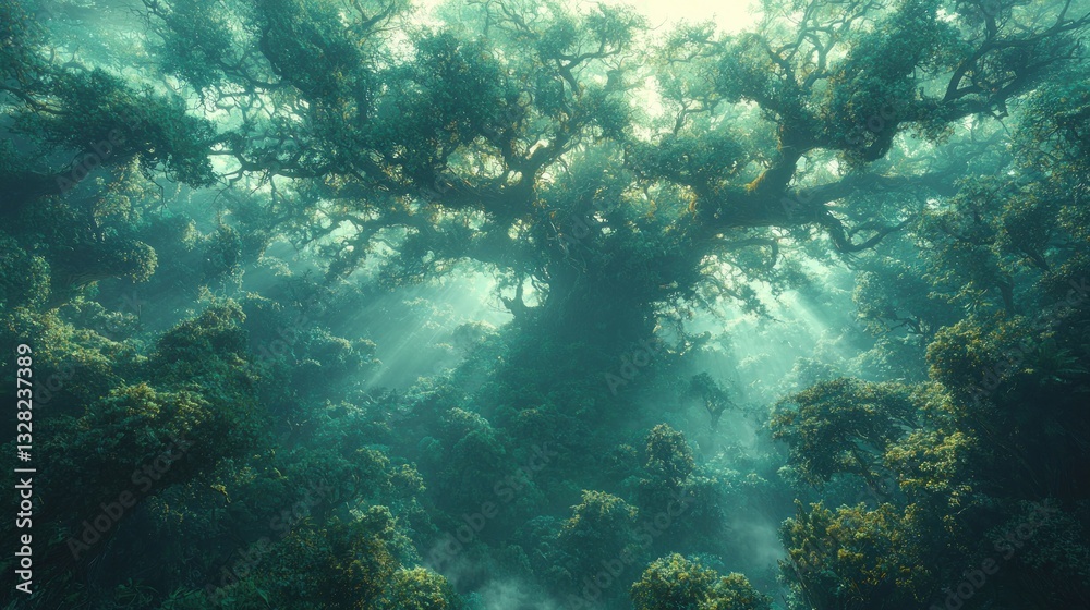 Fototapeta premium Enormous ancient tree in mystical forest, sunlight rays.