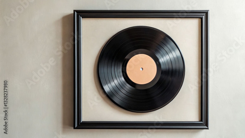 Close-up shot of a vintage vinyl record framed on wall modern home decor artsy environment unique concept