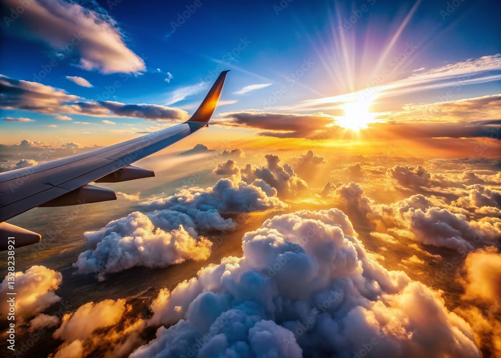 Naklejka premium Panoramic Airplane Wing Over Clouds: Stunning Aerial View from Window Seat