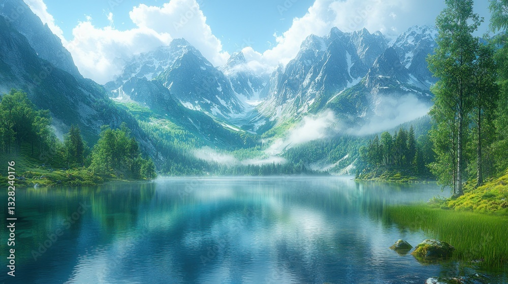 Naklejka premium Serene mountain lake reflecting snow-capped peaks and lush greenery under a bright sky.