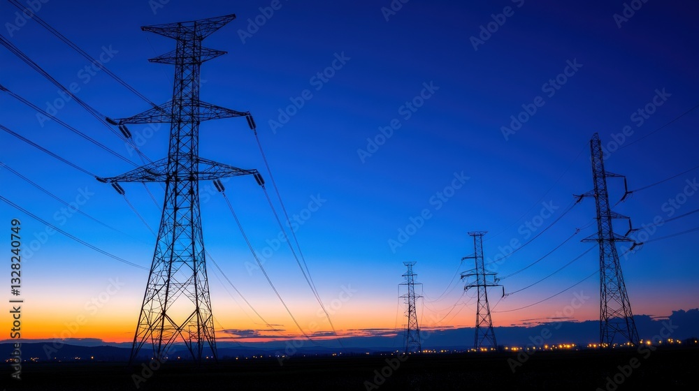 Fototapeta premium Silhouette of power transmission towers at twilight