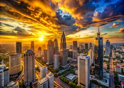 Panoramic Cityscape at Sunset, Golden Hour Urban Skyline View