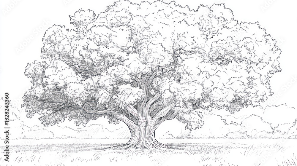 Fototapeta premium Detailed drawing of a large tree in a landscape. Possible use Educational material, art print