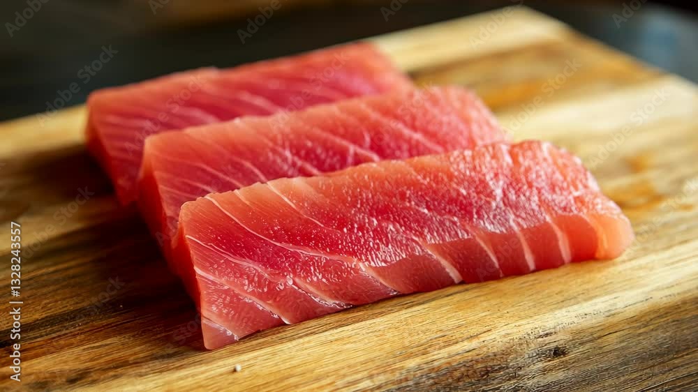 Freshly cut sashimi tuna displayed on a wooden cutting board ready for preparation Freshly cut sashimi tuna displayed on a wooden cutting board ready for preparation