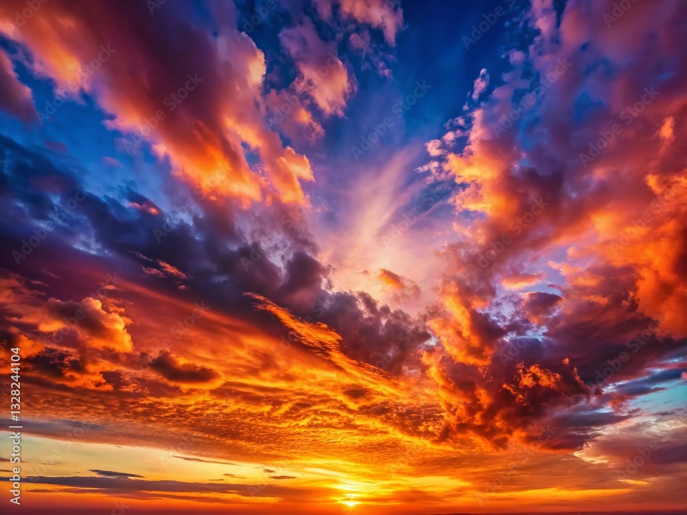 Panoramic Gradient Sunset Sky: Orange, Red, Lilac, Blue - Breathtaking Wide-Angle View