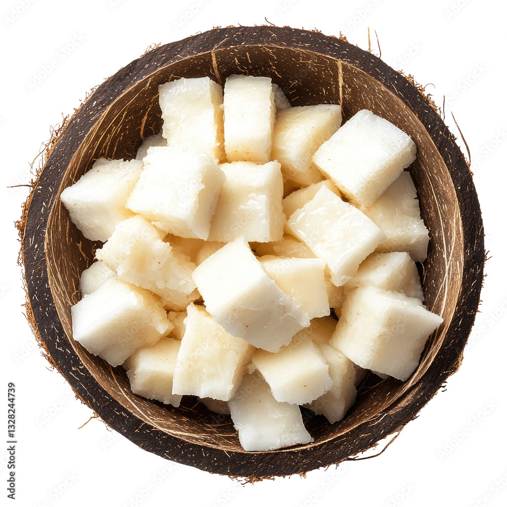 coconut shell bowl filled with white coconut on transparent background