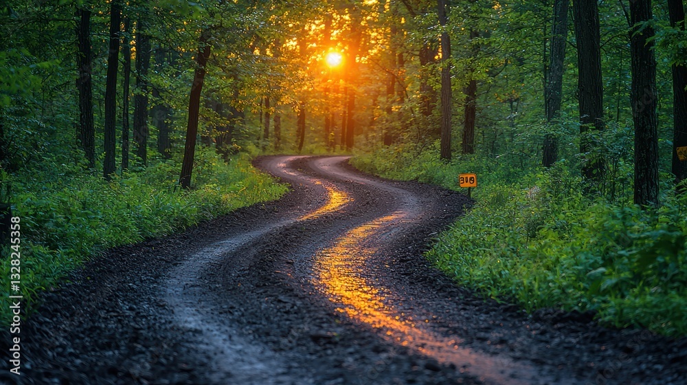Fototapeta premium Winding forest road at sunset.
