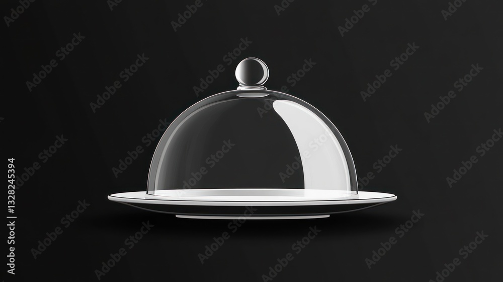 Obraz premium Glass dome cover on white plate, dark background, food presentation