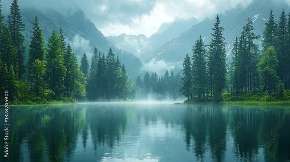 Misty mountain lake with evergreen trees reflecting in calm water. Misty mountain lake with evergreen trees reflecting in calm water.