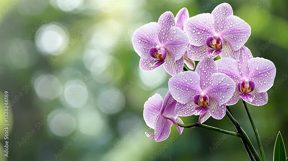 Beautiful pink orchids with dew drops in a lush green background, showcasing nature's elegance