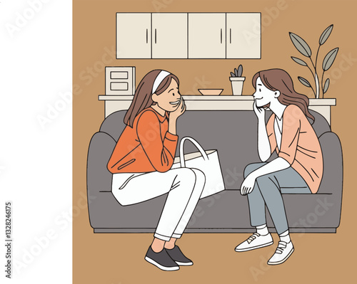 Cozy Conversation: Two friends engaged in a lively discussion, seated on a plush sofa in a warmly lit living space. The scene captures the essence of companionship and the comfort of shared moments.Ca